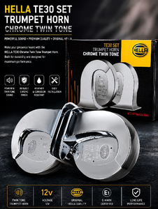 HELLA TE30 Chrome Twin Tone Trumpet Horn Set | 12V High & Low Tone Car/Bike Horn | Premium Loud Sound (Pair)