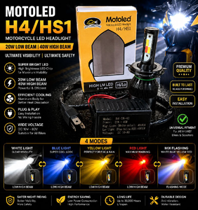MotoleD H4/HS1 4 Mode Motorcycle LED Headlight Bulb | White, Blue, Yellow, Red & Mix Flashing Mode | 20W Low Beam / 40W High Beam | Universal Bike LED Headlight

TAJ REDIUM & CAR DECOR MANDAWARI