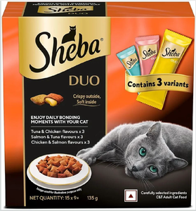Sheba Duo Adult Crunchy Cat Treats, 135 g, Crispy Outside Soft Inside, Contains 3 Variants, Tuna & Chicken, Salmon & Tuna, Chicken & Salmon