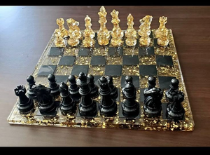 Royal Resin Chess Set♟️ | Handmade Resin Chess Board Set { Shade : Black And Transparent With Golden Flakes }