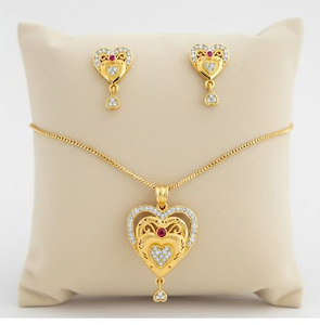 Gold Plated Heart Pendant And Earrings Set With Ruby And Cubic Zirconia