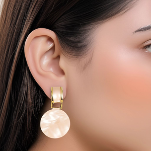 Gold-Plated Pink Disc Drop Earrings (Mother‑of‑Pearl / Resin)
These often go by names like “Rose Gold Disc Drop Earrings,” “Mother‑of‑Pearl Circle Drops in Rose Gold,” or “Art Deco Pink Disc Dangle Earrings”