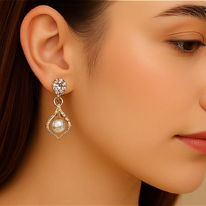 "Elegant Drop Pearl Earrings – Gold-Toned Floral Crystal Studs with Hanging Faux Pearl"