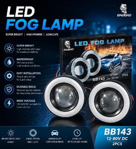BAOBAO BB143 LED Fog Lamp with White Angel Eye Ring | Universal Projector Fog Light for Car & Bike | 12V-80V | Pack of 2