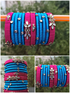THREAD BANGLE PINK WITH BLUE 12 PCS SET WOMEN FASHION THREAD BANGLES
