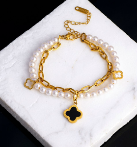 Pearl & Clover Double-Layer Gold Charm Bracelet