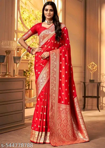 SPOTXY Women's Kanjivaram Soft Banarasi Silk Saree With Blouse Piece Pink