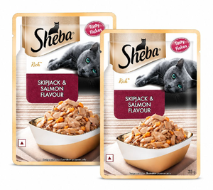 Sheba Rich Premium Adult (1+ Years) Wet Cat Food, Skipjack & Salmon Flavour, 35 g Pouch | Pack of 2