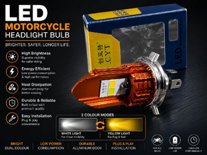 Universal Bike LED Headlight Bulb H4 Hi-Low Beam | White & Yellow Dual Color | High