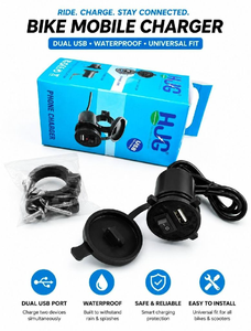 HJG Waterproof Bike Mobile Charger | Dual USB Fast Charging Port | Universal Motorcycle USB Charger
