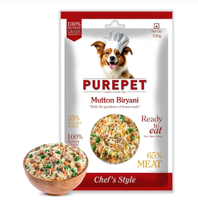 Purepet Fresh Dog Food Mutton Biryani, for Adult & Puppy, 100gm | High Protein, 65% Real Meat, 35% Veggies & Rice | No Preservatives | Ready to Serve | All Breeds | One Pack One Meal | Pack Of 2