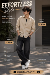 Casual Beige Shirt & Black Loose Fit Jeans Combo