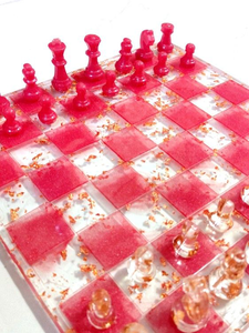 Royal Resin Chess Set♟️ | Handmade Resin Chess Board Set { Shade : Pearl Pink And Transparent With Golden Flakes }