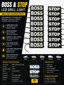 BOSS & STOP LED Grill Light Set (16 PCS) | 12V Waterproof LED Badge Light for Bike, Car, Jeep & Truck | Buy 1 Get 1 Free

TAJ REDIUM & CAR DECOR MANDAWARI